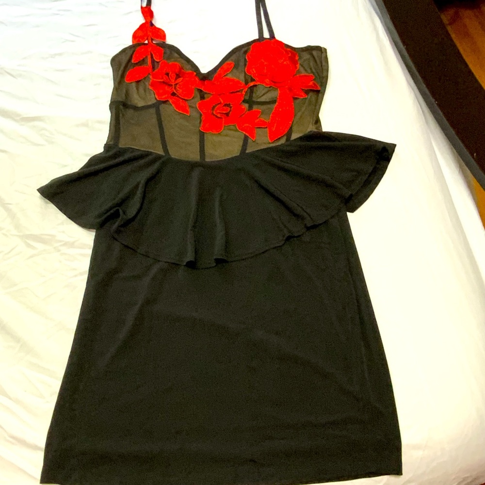 Black Peplum Dress with Red Floral Appliqué